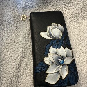 Black and Blue Floral Wallet with Metallic Detail